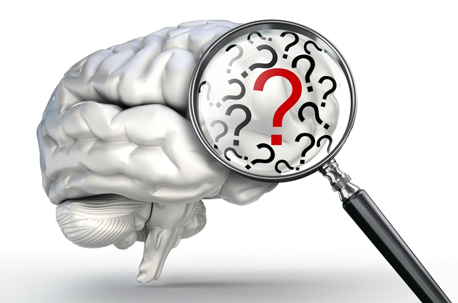 brain with magnifying glass and question marks