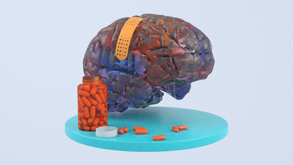 Cerveau endommagé avec pansement et flacon de pilules